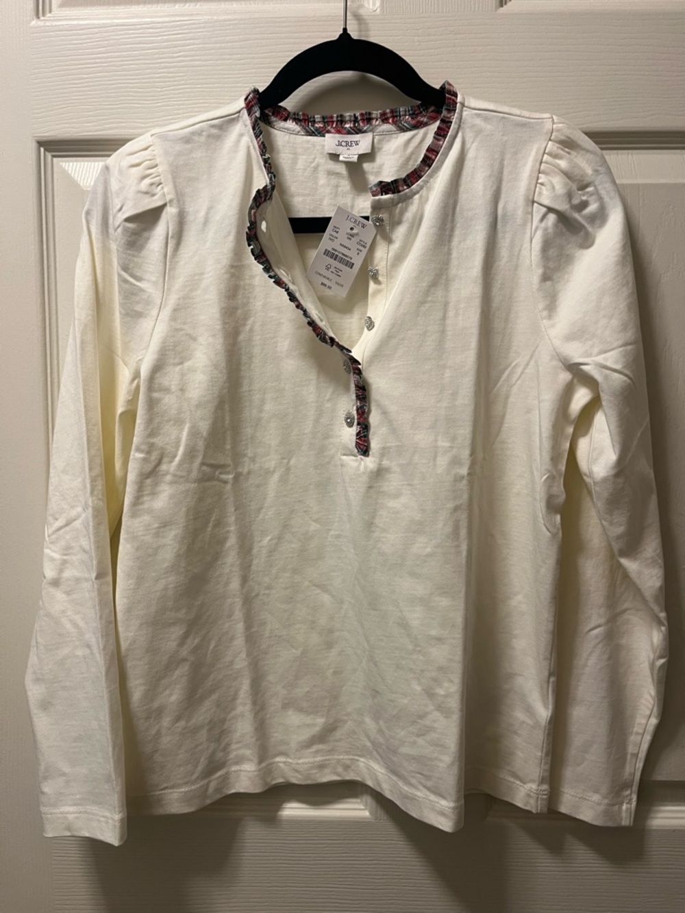 J. Crew Women’s Cream Long-Sleeve Henley with Red Plaid Ruffle Trim Size Sm NWT